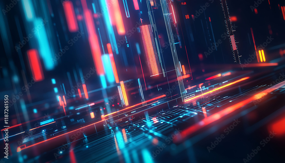 Fototapeta premium A vibrant display of colorful streaks of light creating a dynamic, high-energy abstract pattern. The light trails have a glowing, fiery feel. Tech background