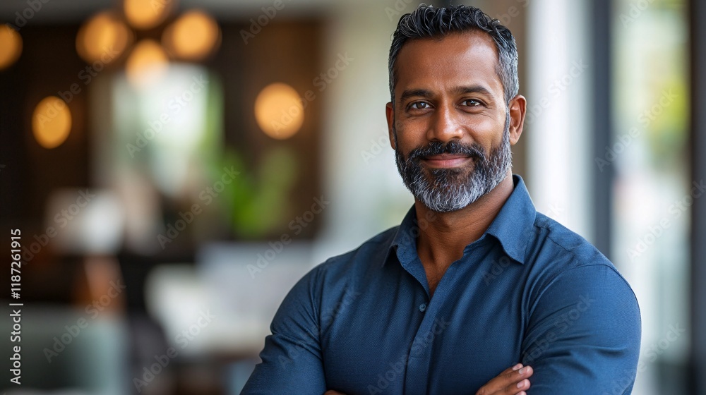 Confident man with beard standing in modern indoor setting during daylight hours Confident man with beard standing in modern indoor setting during daylight hours
