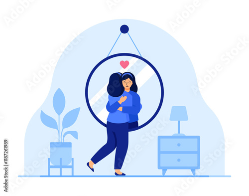 Woman hugging her reflection in a mirror. Self-love, self-care, self-esteem, compassion, acceptance, body positivity, mental health concept. Flat vector illustration Isolated on a white background 