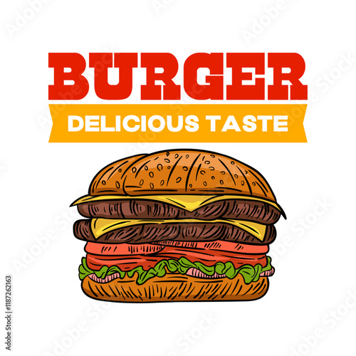 Burger logo design template isolated. Retro burger logo vector. Hand drawn vintage burger emblem