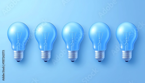 A series of glowing blue lightbulbs aligned on a minimal backdrop. The composition is clean and represents modern technology. photo