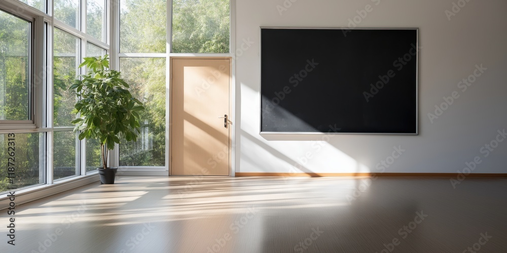 A spacious classroom filled with natural light, featuring large windows, a green plant, a door, and a blackboard that creates a serene and inviting learning environment. A spacious classroom filled with natural light, featuring large windows, a green plant, a door, and a blackboard that creates a serene and inviting learning environment.