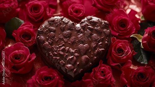 Heart-shaped chocolate surrounded by roses sprinkled artistically for a romantic touch