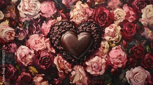 Heart-shaped chocolate surrounded by roses sprinkled artistically for a romantic touch