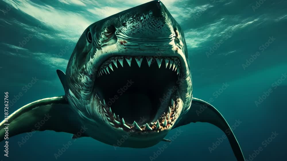 Powerful shark displayed with mouth wide open showcasing sharp teeth in ...