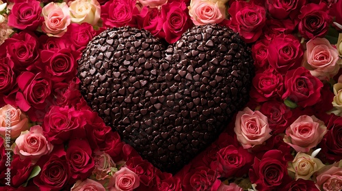 Heart-shaped chocolate centerpiece surrounded by sprinkled roses for a special occasion