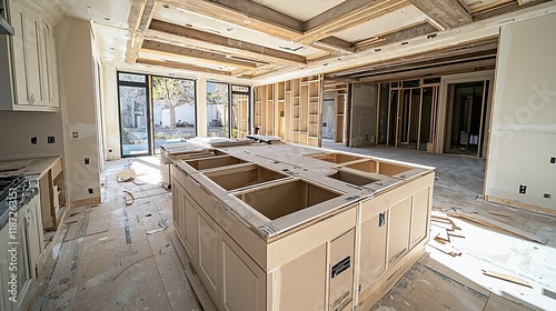 Unfinished kitchen island in new home construction. photo