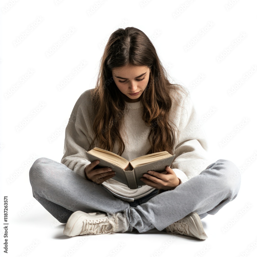 Fototapeta premium Young woman reading a book, sitting on the floor, fullbody shot with copy space on the left, on pure white background