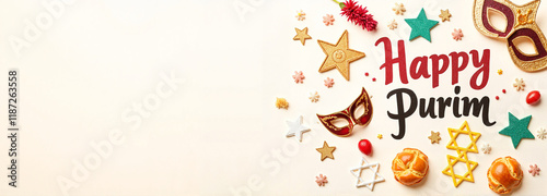 Happy Purim traditional text with festive icons and symbols on beige background