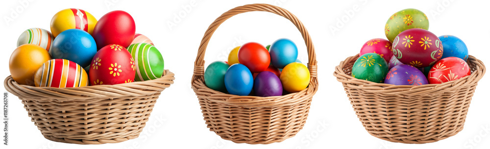 Collection of Easter baskets filled with colorful eggs isolated on a transparent background Collection of Easter baskets filled with colorful eggs isolated on a transparent background