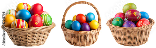 Collection of Easter baskets filled with colorful eggs isolated on a transparent background photo