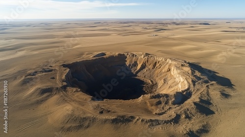 An aerial view captures a collapsed mine, exposing a massive hole in the earth, vividly illustrating the profound environmental impact of mining activities. photo