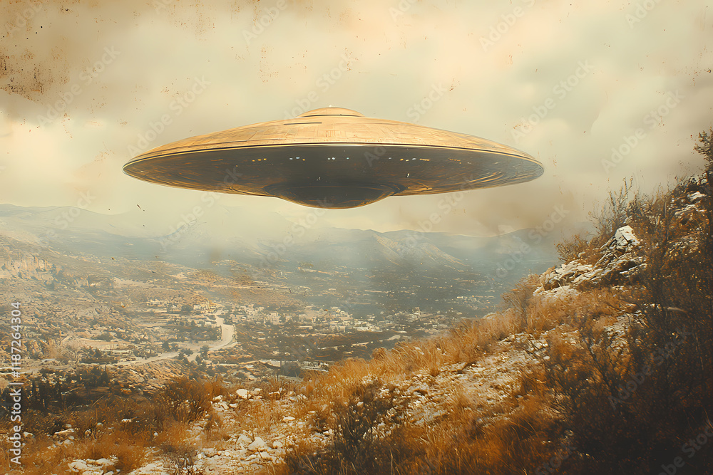 Sepia-toned photograph of a UFO in a vintage sky, evoking mystery and nostalgia, perfect for retro, sci-fi, or historical-themed projects Sepia-toned photograph of a UFO in a vintage sky, evoking mystery and nostalgia, perfect for retro, sci-fi, or historical-themed projects