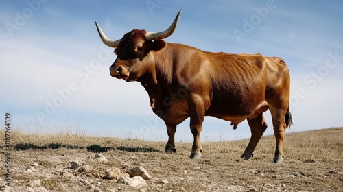 A majestic bull stands proudly on rugged terrain beneath a vast sky, embodying strength and resilience, capturing the essence of rural life and untamed nature. photo