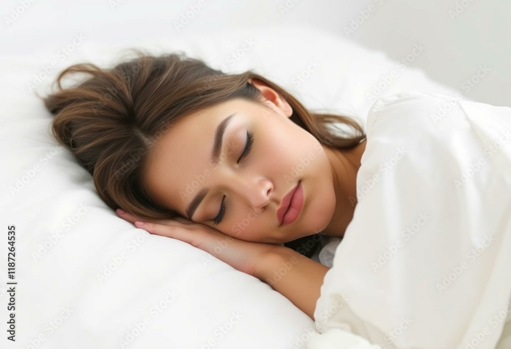 Fototapeta premium Female sleeping person on a white bed
