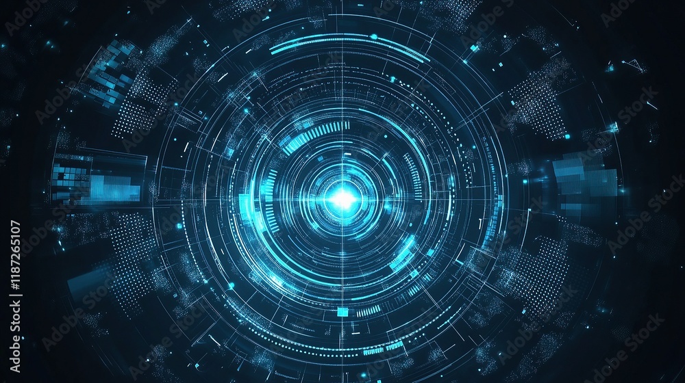 Futuristic Blue Abstract Halftone Circles with Tech Lines and Scale Futuristic Blue Abstract Halftone Circles with Tech Lines and Scale