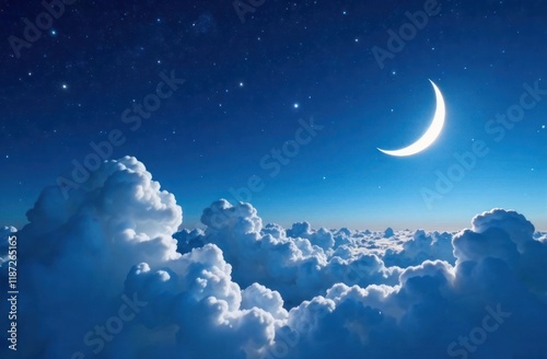 Clouds with starry sky and crescent moon, creative idea. Sleep and dreams, concept. Good night photo