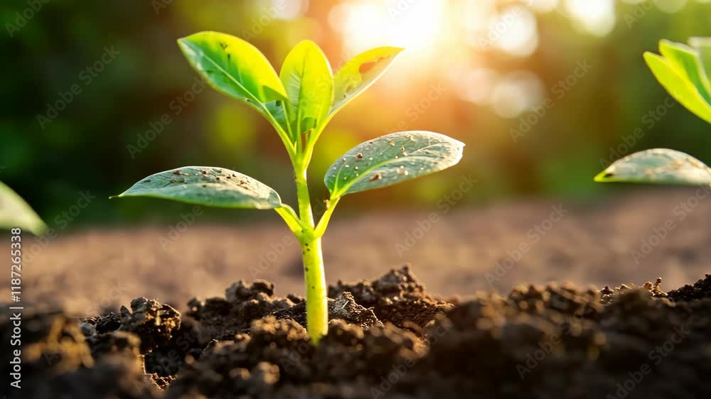 Young plant growing in rich soil under the warm sunlight during the golden hour of the evening