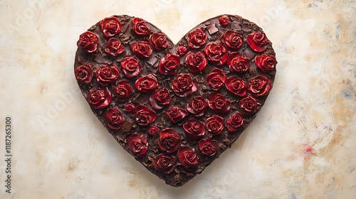 Heart-shaped chocolate with roses arranged and sprinkled artistically on a light background