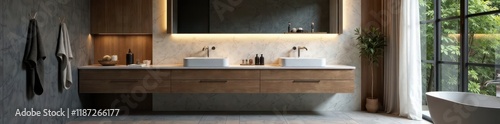 Sleek bathroom vanity with marble top under dimmable overhead light, bathroom, modern lighting photo