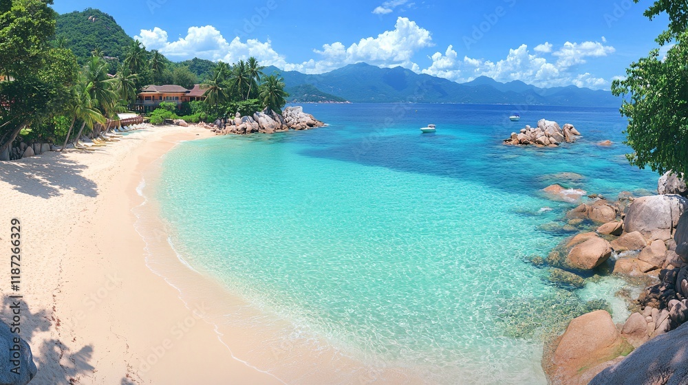 Fototapeta premium Stunning tropical beach with clear turquoise water and lush greenery under bright blue sky