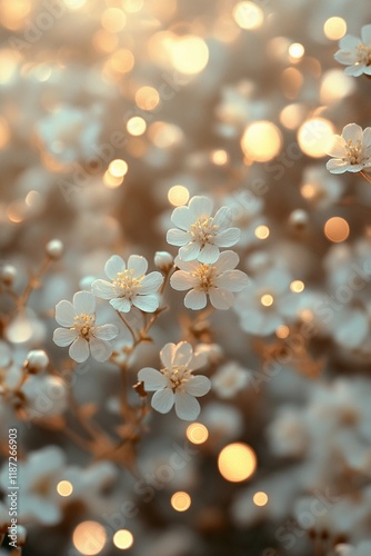 Warm blurred bokeh lights floating over colorful blossoms, producing a calm and delicate ambiance, book illustration style