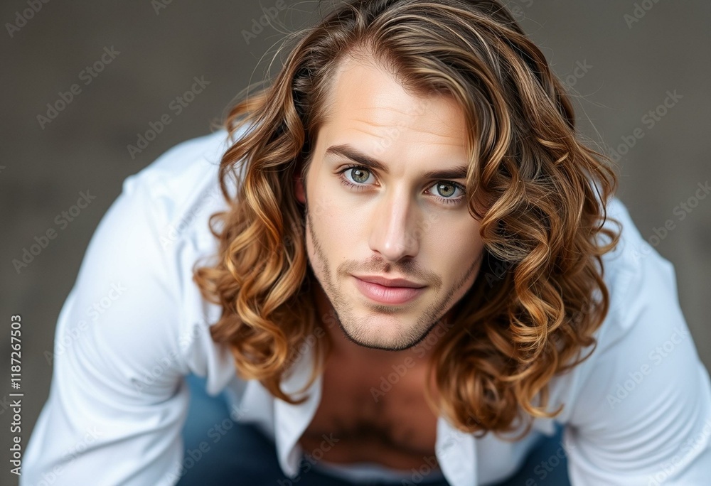 Man with long hair, gentle expression, shallow depth of field Man with long hair, gentle expression, shallow depth of field