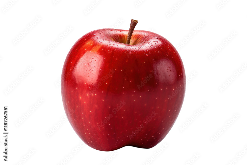 Fresh red apple on a clean white background with water droplets glistening in soft light Fresh red apple on a clean white background with water droplets glistening in soft light
