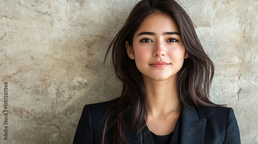 Elegant woman in black suit poses confidently against textured wall Elegant woman in black suit poses confidently against textured wall