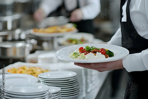 Caterers preparing an elegant buffet table with a variety of dishes for a special event