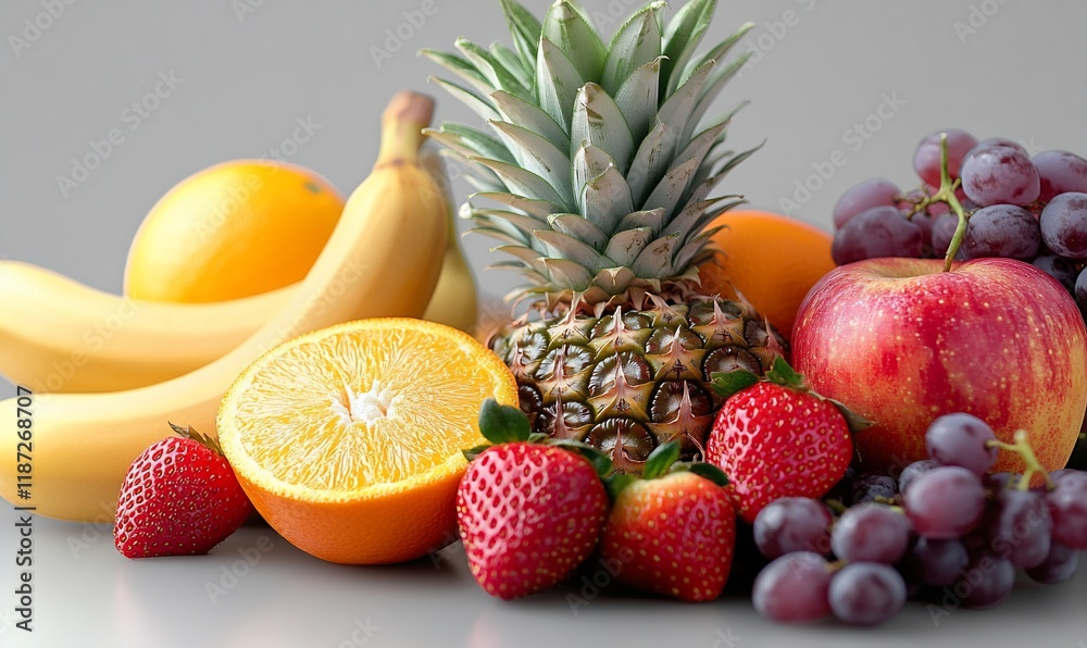 Assorted fresh fruits on a gray background, still life, healthy diet, vibrant colors Assorted fresh fruits on a gray background, still life, healthy diet, vibrant colors