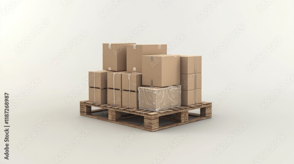 Cardboard boxes stacked on a wooden pallet against a white background. Cardboard boxes stacked on a wooden pallet against a white background.