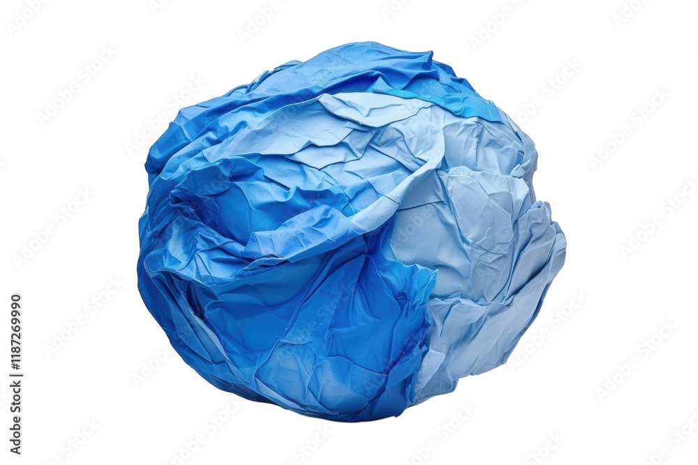 Fototapeta premium Crumpled blue paper ball on a plain background emphasizes texture and color contrast
