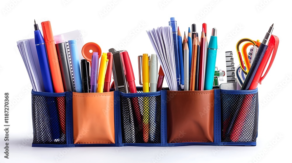 Fototapeta premium A desktop organizer with pens and papers isolated on white background