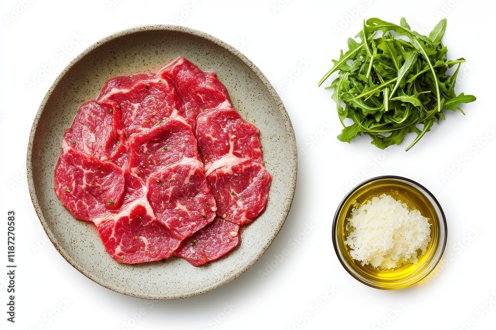 Delicately arranged slices of premium beef with fresh arugula and a bowl of garlic-infused oil for a gourmet culinary experience Delicately arranged slices of premium beef with fresh arugula and a bowl of garlic-infused oil for a gourmet culinary experience