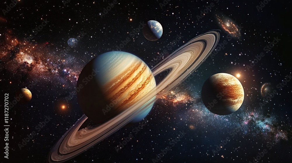 Naklejka premium Planets, rings, galaxy, stars, cosmos, space, universe, celestial, astronomical, nebula.