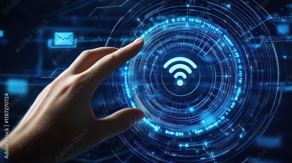 Hand Reaching Towards Wi-Fi Symbol in Digital Network Interface Hand Reaching Towards Wi-Fi Symbol in Digital Network Interface