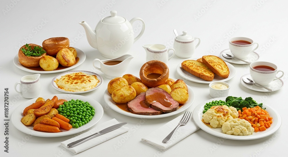 Delicious Roast Beef Dinner Yorkshire Pudding Vegetables Tea Delicious Roast Beef Dinner Yorkshire Pudding Vegetables Tea