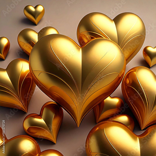 Happy Valentine's Day. Background with metallic gold hearts staging on top of each other Greeting card, gift poster, wedding card
