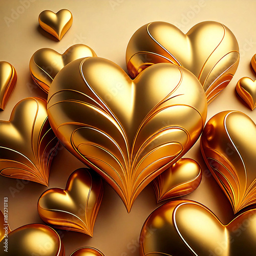 Happy Valentine's Day. Background with metallic gold  hearts staging on top of each other Greeting card, gift poster, wedding card
