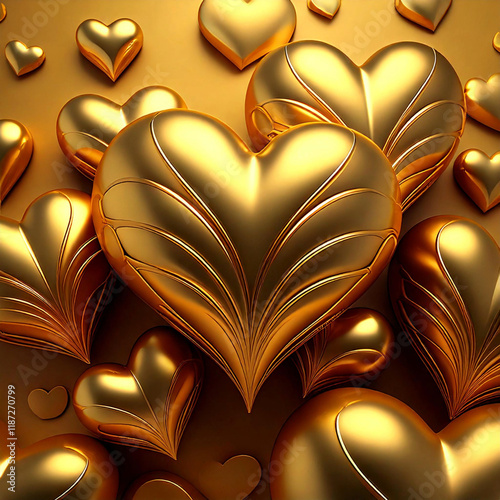 Happy Valentine's Day. Background with metallic gold and reddish hearts staging on top of each other Greeting card, gift poster, wedding card
