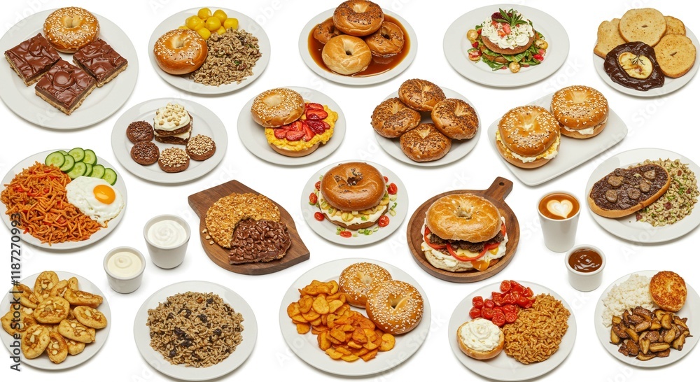 Delicious Bagel Assortment with Various Toppings and Sides Delicious Bagel Assortment with Various Toppings and Sides