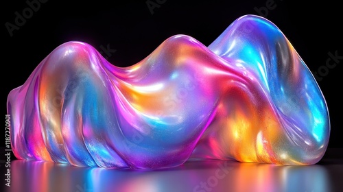 Iridescent morphing shape on dark background with reflection. photo