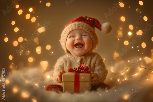 Cheerful baby in a festive outfit with a gift box under warm holiday lights