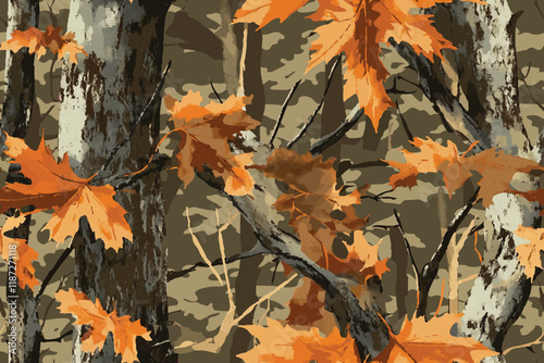 Camouflage seamless pattern. Army hunting camouflage background.  Forest real tree camouflage design. Winter hunting camouflage. Digital camo