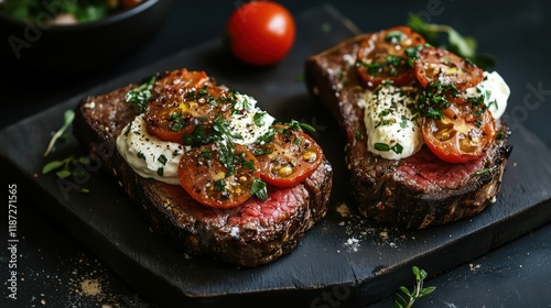 Two juicy beefsteaks rest on dark bread, garnished with Italian herbs and paired with fresh cherry tomatoes, creating a flavorful and satisfying dish. photo