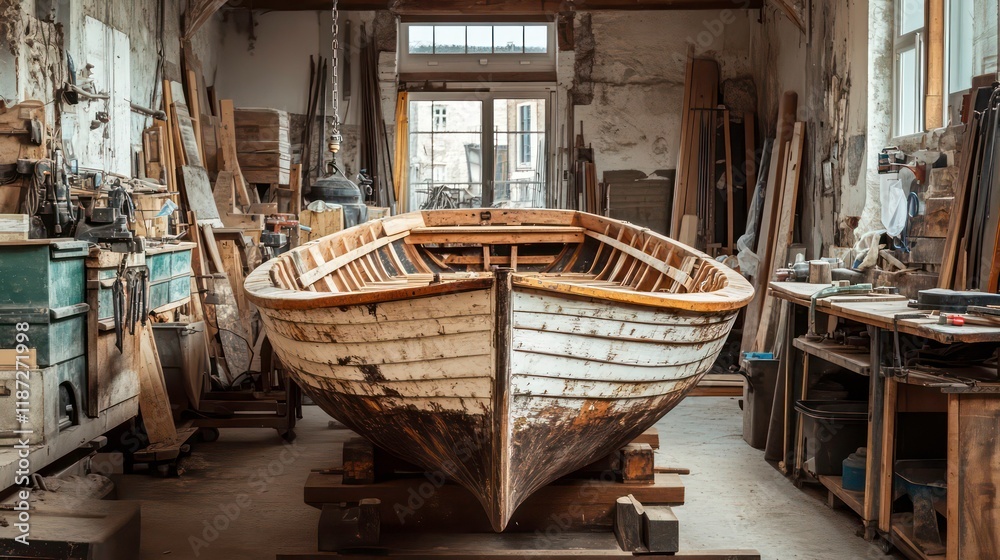 Old wooden boat under construction in a cluttered workshop. Old wooden boat under construction in a cluttered workshop.