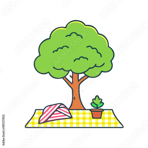 tree and picnic blanket vector icon, tree and picnic blanket vector illustration-simple illustration of tree and picnic blanket, perfect for logos,and tree and picnic blanket - themed designs. photo