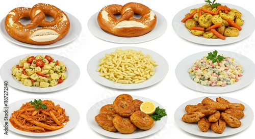 Delicious German Food Platter Pretzels Potato Salad Sp tzle Pasta photo