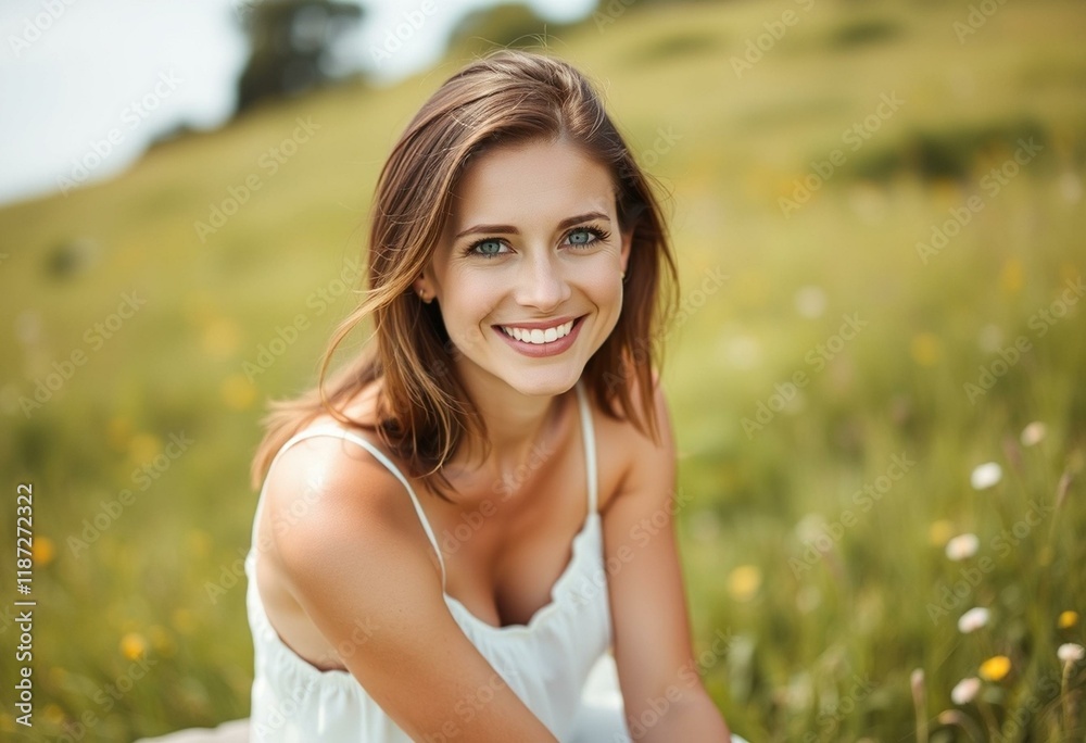 Summer portrait of a smiling female in a meadow Summer portrait of a smiling female in a meadow